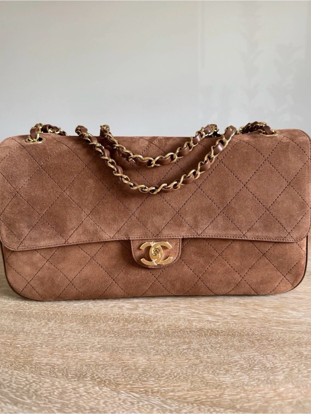 CHANEL Souplissimo Suede Quilted Shoulder Bag in Brown with Gold Hardware